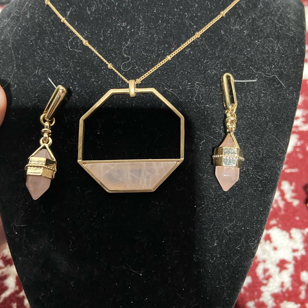 Boho Gold Tone Rose Quartz Geometric Pendant Necklace and Earrings